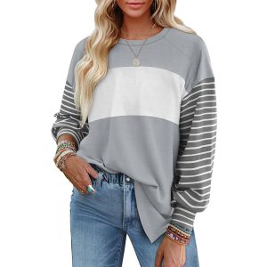 Pullover Crewneck Striped Casual Contrast-color Long-sleeve Top