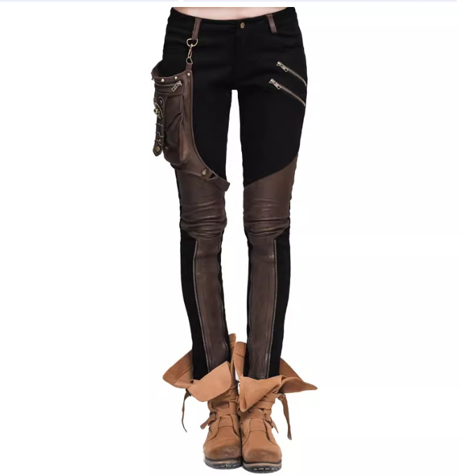 Street-style Punk And Western Rock Patchwork Solid-color Pencil Pants For Women - Image 4