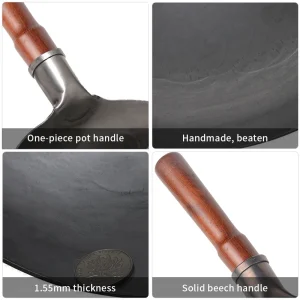 Hand Hammered Wok,traditional Iron Wok No Coating Wooden Handle Non-stick Pan Kitchen Cookware