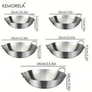 KEMORELA 1PCS Stainless Steel Wok Uncoated 26/28/30/32/34cm High Quality Double Handle Chef Pan for Home Stir-fried Beef Cooking