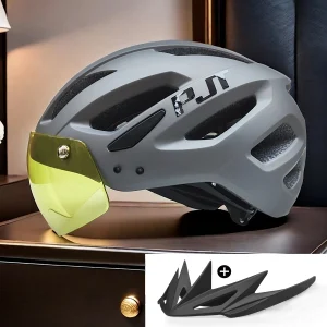 PJT New LED Bike Helmet With Sun Goggle Visor Rechargeable LED Men Bicycle Helmet Sunglasses Shield Road MTB Cycling Helmets