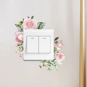 1PC Pink Rose Green Leaf Sticker Decorative Switch Beautification Wall Wall Sticker Self Adhesive Waterproof Sticker