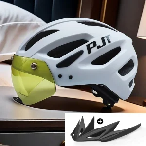 PJT New LED Bike Helmet With Sun Goggle Visor Rechargeable LED Men Bicycle Helmet Sunglasses Shield Road MTB Cycling Helmets