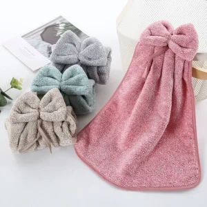 Bow Shaped Hand Towel Coral Fleece Bathroom and Kitchen Hanging Towel, Plain Color, Hanging Cloth, Handkerchief