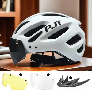 PJT New LED Bike Helmet With Sun Goggle Visor Rechargeable LED Men Bicycle Helmet Sunglasses Shield Road MTB Cycling Helmets