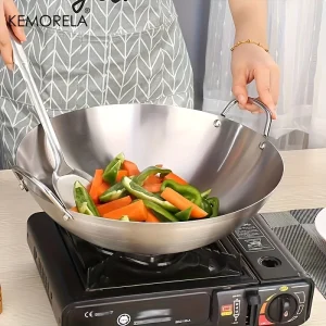 KEMORELA 1PCS Stainless Steel Wok Uncoated 26/28/30/32/34cm High Quality Double Handle Chef Pan for Home Stir-fried Beef Cooking