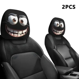 2PCS Funny Slanted Eyes Cartoon Print Car Headrest Cover for Halloween Christmas Holiday Automobile Interior Decoration