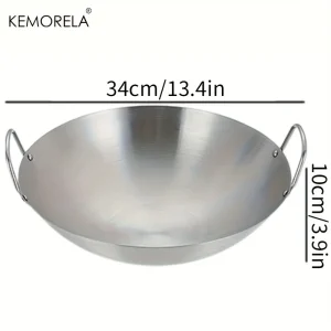 KEMORELA 1PCS Stainless Steel Wok Uncoated 26/28/30/32/34cm High Quality Double Handle Chef Pan for Home Stir-fried Beef Cooking