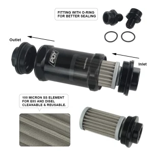 VR - BLACK AN6 / AN8 / AN10 Inline Fuel Filter E85 Ethanol With 100 Micron Stainless steel element and PQY sticker
