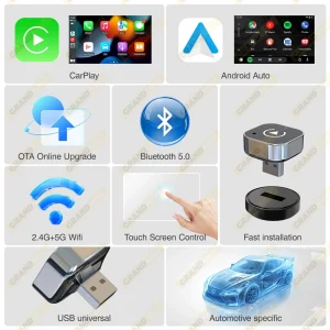 2in1 Wired to Wireless CarPlay Android Auto Adapter for OEM Car Stereo With USB Plug and Play Bluetooth