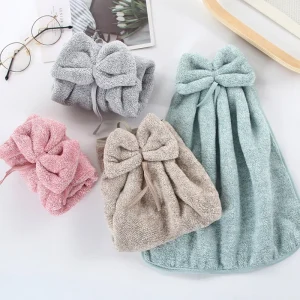 Bow Shaped Hand Towel Coral Fleece Bathroom and Kitchen Hanging Towel, Plain Color, Hanging Cloth, Handkerchief