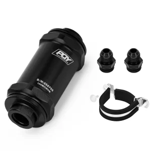 VR - BLACK AN6 / AN8 / AN10 Inline Fuel Filter E85 Ethanol With 100 Micron Stainless steel element and PQY sticker