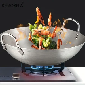1PCS Stainless Steel Wok Uncoated 26/28/30/32/34cm High Quality Double Handle Chef Pan Suitable for Home Stir-fried beef Cooking