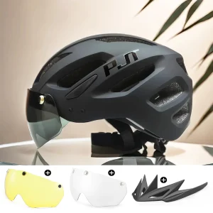 PJT New LED Bike Helmet With Sun Goggle Visor Rechargeable LED Men Bicycle Helmet Sunglasses Shield Road MTB Cycling Helmets