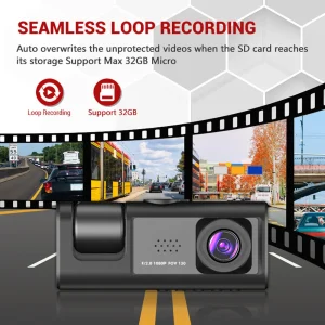 Dash Cam W/ IR Night Vision Loop Recording & 2" IPS Screen 1080P 3 Camera ， DVR recorder, video recorder, Vehicle DVR