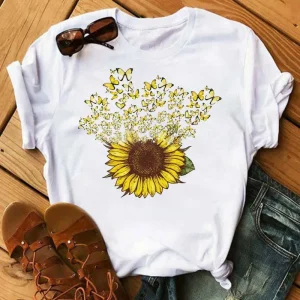 Maycaur Women's T-shirt Casual Kawaii Sunflower Butterfly Pattern Print Tshirt Comfortable Casual Women's Clothing Black Top