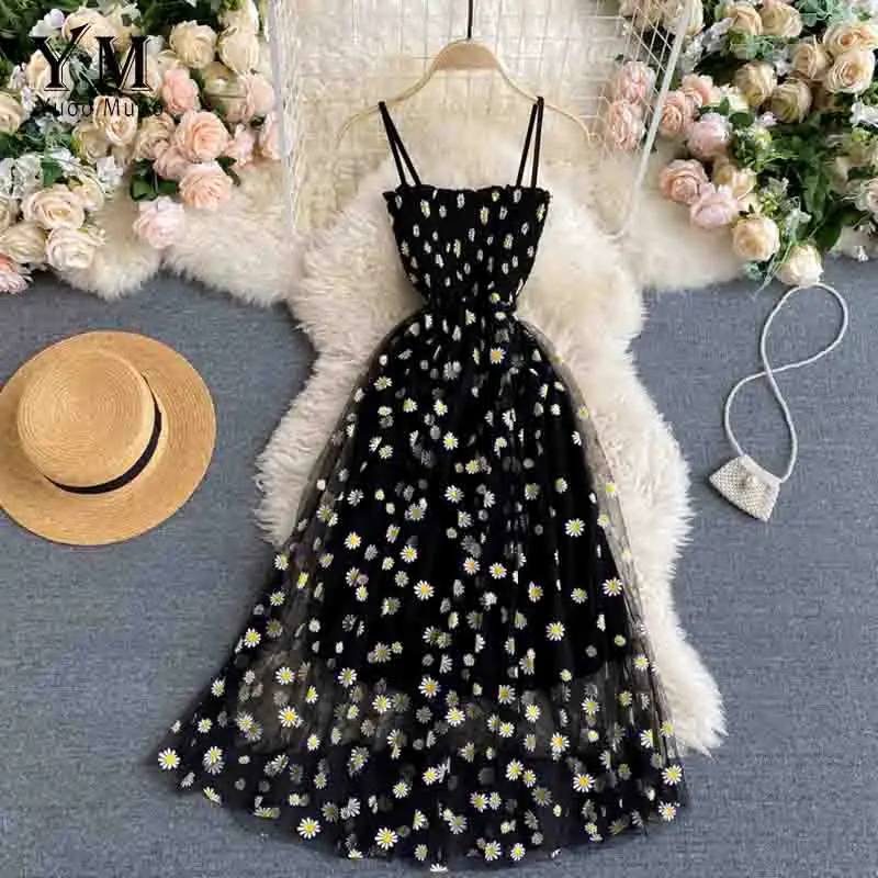 YuooMuoo Korean Fashion Daisy Flower Print Mesh Party Dress Summer Two Layers Spaghetti Strap Vacation Midi Dress Beach Vestidos - Image 10