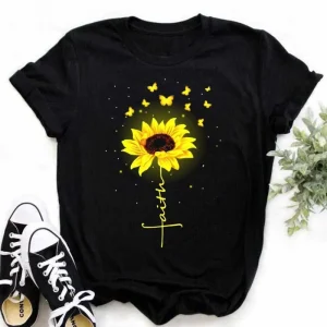 Maycaur Women's T-shirt Casual Kawaii Sunflower Butterfly Pattern Print Tshirt Comfortable Casual Women's Clothing Black Top