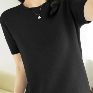 New Short-sleeved Knitwear Women O-neck T-shirt Wool Cotton Blend Pullover Vest Sprig Summer Bottoming Tops Sweater Solid Soft