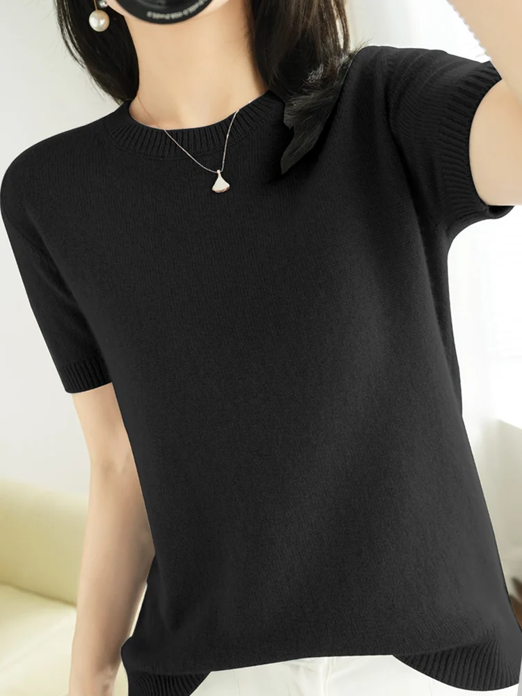 New Short-sleeved Knitwear Women O-neck T-shirt Wool Cotton Blend Pullover Vest Sprig Summer Bottoming Tops Sweater Solid Soft - Image 12