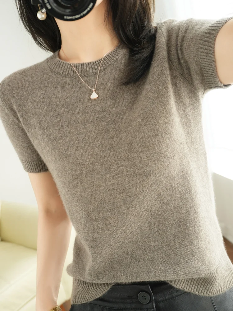 New Short-sleeved Knitwear Women O-neck T-shirt Wool Cotton Blend Pullover Vest Sprig Summer Bottoming Tops Sweater Solid Soft - Image 21