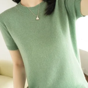 New Short-sleeved Knitwear Women O-neck T-shirt Wool Cotton Blend Pullover Vest Sprig Summer Bottoming Tops Sweater Solid Soft