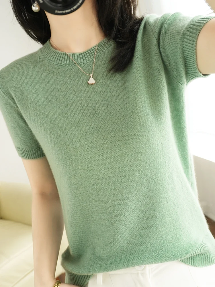 New Short-sleeved Knitwear Women O-neck T-shirt Wool Cotton Blend Pullover Vest Sprig Summer Bottoming Tops Sweater Solid Soft - Image 5