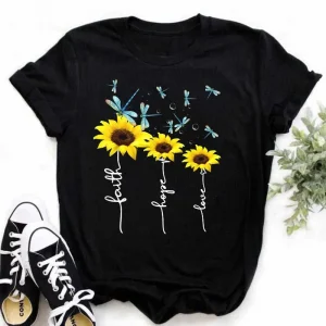 Maycaur Women's T-shirt Casual Kawaii Sunflower Butterfly Pattern Print Tshirt Comfortable Casual Women's Clothing Black Top