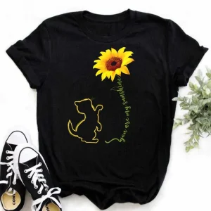 Maycaur Women's T-shirt Casual Kawaii Sunflower Butterfly Pattern Print Tshirt Comfortable Casual Women's Clothing Black Top