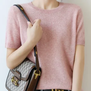 New Short-sleeved Knitwear Women O-neck T-shirt Wool Cotton Blend Pullover Vest Sprig Summer Bottoming Tops Sweater Solid Soft