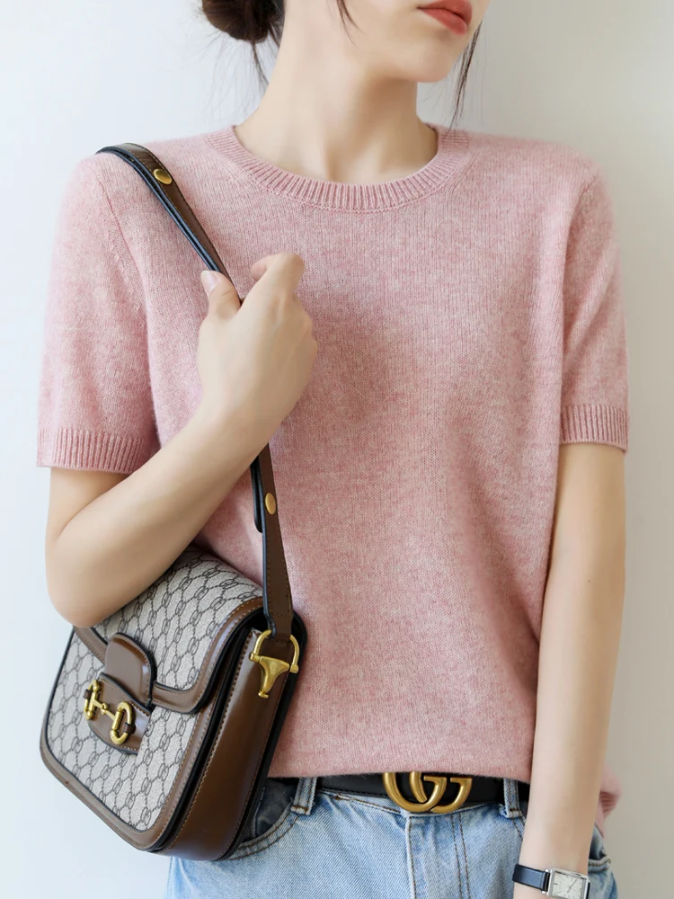 New Short-sleeved Knitwear Women O-neck T-shirt Wool Cotton Blend Pullover Vest Sprig Summer Bottoming Tops Sweater Solid Soft - Image 11