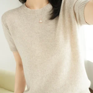 New Short-sleeved Knitwear Women O-neck T-shirt Wool Cotton Blend Pullover Vest Sprig Summer Bottoming Tops Sweater Solid Soft