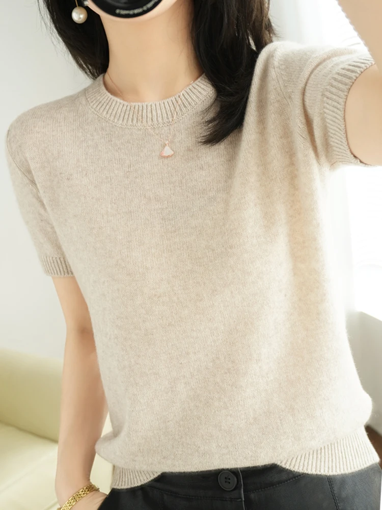New Short-sleeved Knitwear Women O-neck T-shirt Wool Cotton Blend Pullover Vest Sprig Summer Bottoming Tops Sweater Solid Soft - Image 16