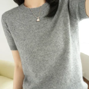 New Short-sleeved Knitwear Women O-neck T-shirt Wool Cotton Blend Pullover Vest Sprig Summer Bottoming Tops Sweater Solid Soft