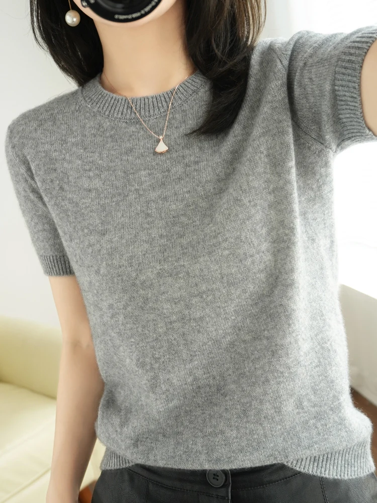 New Short-sleeved Knitwear Women O-neck T-shirt Wool Cotton Blend Pullover Vest Sprig Summer Bottoming Tops Sweater Solid Soft - Image 18