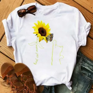 Maycaur Women's T-shirt Casual Kawaii Sunflower Butterfly Pattern Print Tshirt Comfortable Casual Women's Clothing Black Top