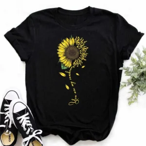 Maycaur Women's T-shirt Casual Kawaii Sunflower Butterfly Pattern Print Tshirt Comfortable Casual Women's Clothing Black Top