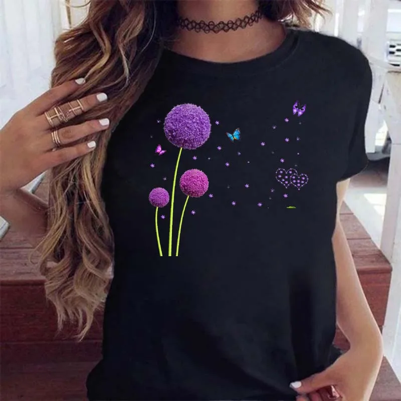 Maycaur Women Graphic Cartoon Dandelion Print T Shirt Short Sleeve Ladies Print Clothes Lady Tees Tops Female Womens T Shirt - الصورة 2
