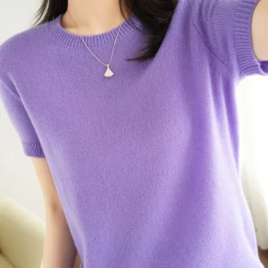 New Short-sleeved Knitwear Women O-neck T-shirt Wool Cotton Blend Pullover Vest Sprig Summer Bottoming Tops Sweater Solid Soft