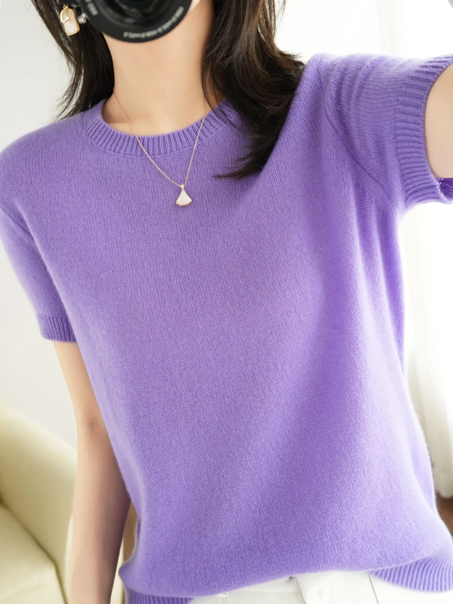 New Short-sleeved Knitwear Women O-neck T-shirt Wool Cotton Blend Pullover Vest Sprig Summer Bottoming Tops Sweater Solid Soft - Image 19
