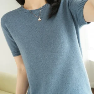 New Short-sleeved Knitwear Women O-neck T-shirt Wool Cotton Blend Pullover Vest Sprig Summer Bottoming Tops Sweater Solid Soft