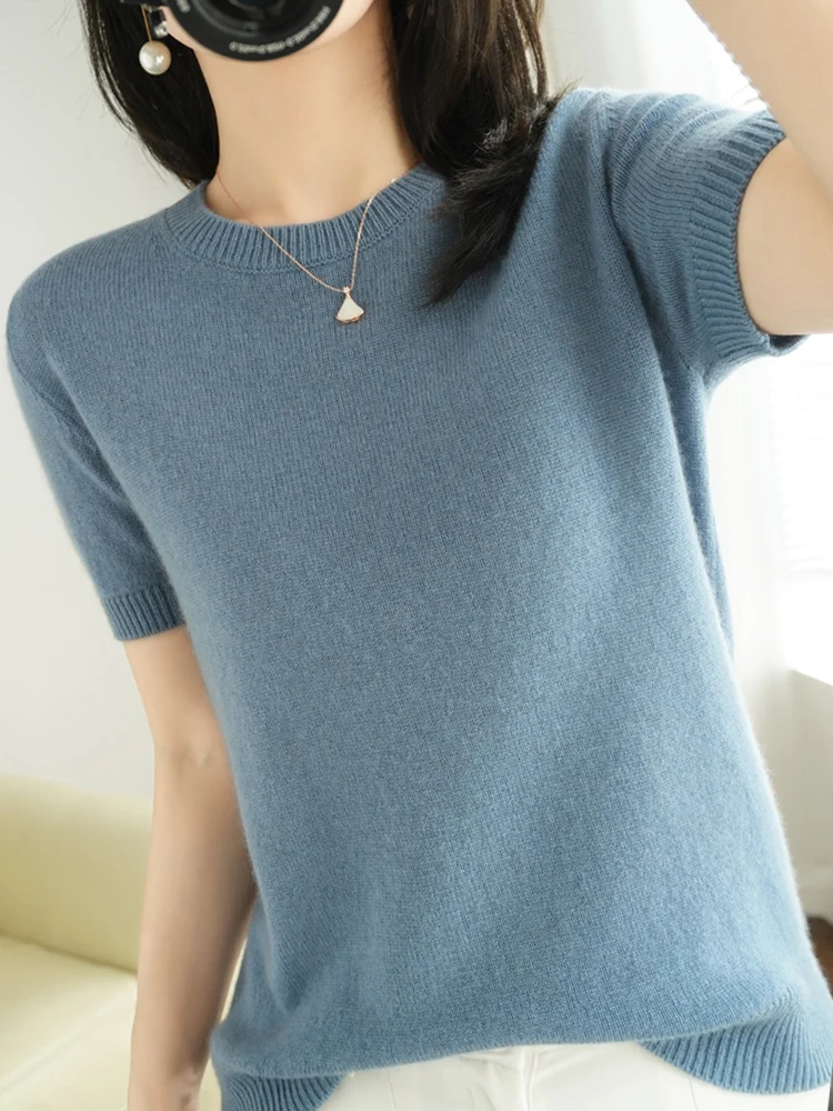 New Short-sleeved Knitwear Women O-neck T-shirt Wool Cotton Blend Pullover Vest Sprig Summer Bottoming Tops Sweater Solid Soft - Image 23