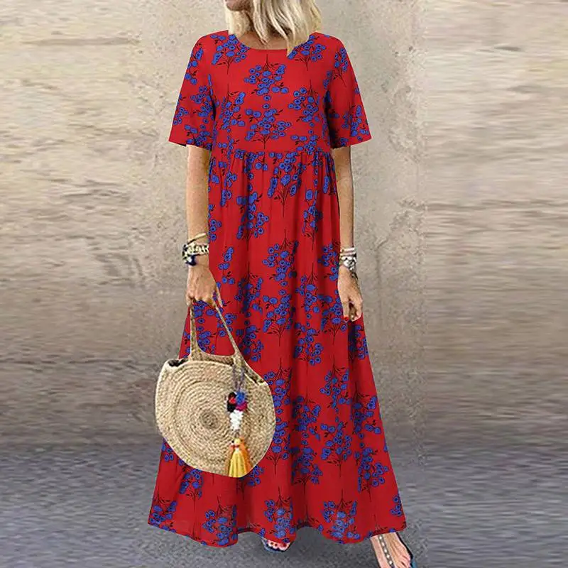 Vintage Printed Maxi Dress Women's Summer Sundress ZANZEA 2025 Casual Short Sleeve Holiday Floral Vestidos Female O Neck Robe - الصورة 4