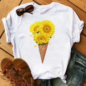 Maycaur Women's T-shirt Casual Kawaii Sunflower Butterfly Pattern Print Tshirt Comfortable Casual Women's Clothing Black Top