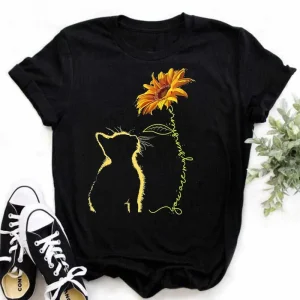 Maycaur Women's T-shirt Casual Kawaii Sunflower Butterfly Pattern Print Tshirt Comfortable Casual Women's Clothing Black Top