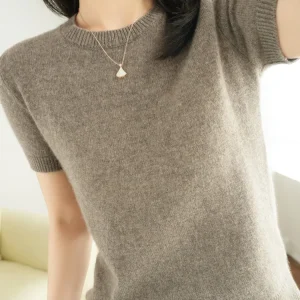 New Short-sleeved Knitwear Women O-neck T-shirt Wool Cotton Blend Pullover Vest Sprig Summer Bottoming Tops Sweater Solid Soft