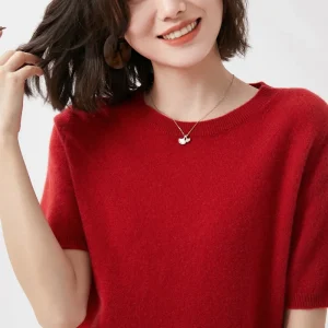 Spring and Summer New Short-sleeved Women O-neck Slim Wool Cotton Blend Pullover Vest T-shirt Knitted Base Sweater