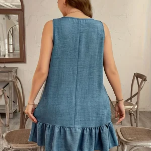 Dodge Blue Embossed Floral Dress Sleeveless Applique Midi an  Elegant Resort Wear
