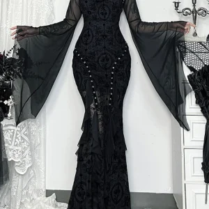 Halloween Gothic Mesh Smock Women Vintage Streetwear Witch See Through Bat Sleeve Crop Blouse Sexy Cosplay Clothes Femme