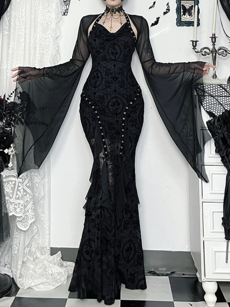 Halloween Gothic Mesh Smock Women Vintage Streetwear Witch See Through Bat Sleeve Crop Blouse Sexy Cosplay Clothes Femme - Image 3